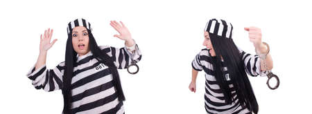Prisoner in striped uniform on whiteの写真素材