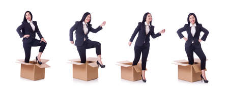 Woman with boxes on whiteの写真素材