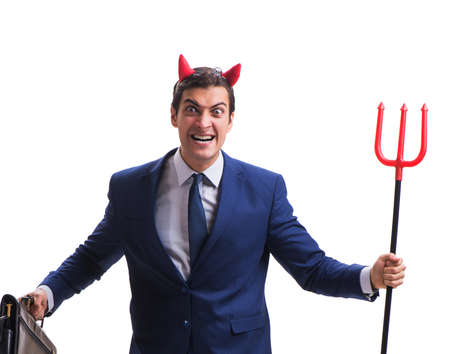 Evil devil businessman with pitchfork isolated on white backgrou