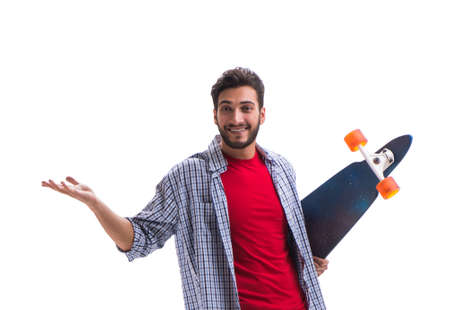 Young skateboarder with a longboard skateboard isolated on whiteの写真素材