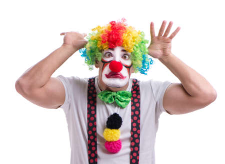 Funny clown acting silly isolated on white backgroundの写真素材