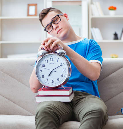 Young student preparing for exams studying at home on a sofaの写真素材