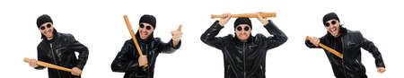 Aggressive man with baseball bat on white backgroundの写真素材