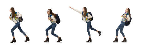 Hitchhiker girl with rucksack isolated on white backgroundの写真素材
