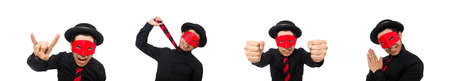 Young man with red mask isolated on white