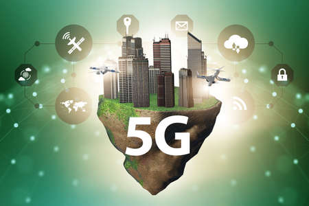 Concept of 5g technology with floating island