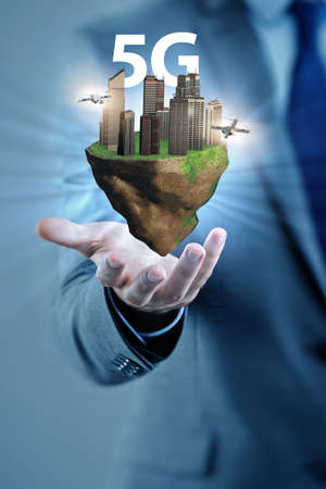 Concept of 5g technology with floating island