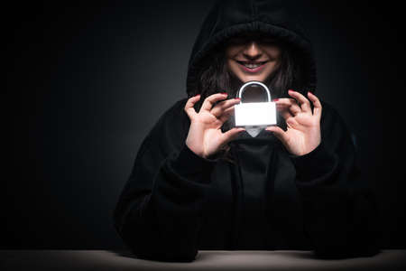 Female hacker hacking security firewall late in office