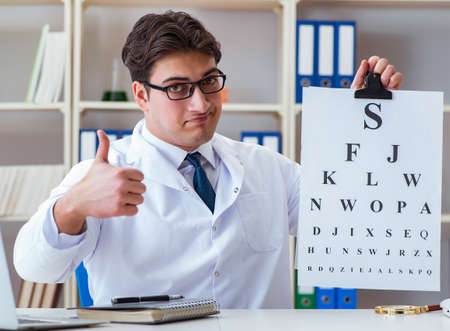 Doctor optician with letter chart conducting an eye test check