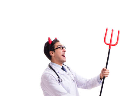 Devil doctor in funny medical concept isolated on white backgrouの写真素材