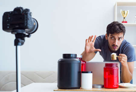 Sports blogger talking about protein nutritionの写真素材