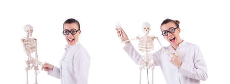 Doctor with skeleton on whiteの写真素材