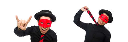 Young man with red mask isolated on whiteの写真素材