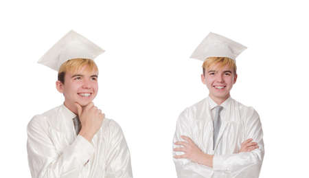 Young male student graduated from high school on whiteの写真素材