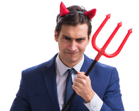 Evil devil businessman with pitchfork isolated on white backgrouの写真素材