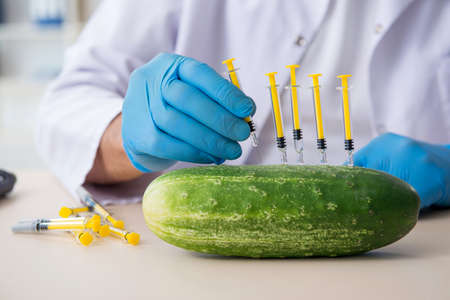 Male nutrition expert testing vegetables in labの写真素材