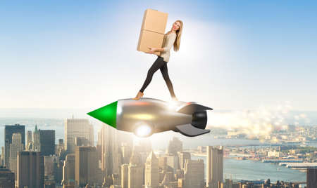 Woman in fast box delivery service on rocket