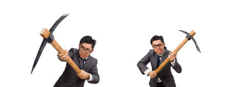 Young businessman holding a tool isolated on white