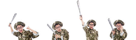 Funny soldier with knife on white