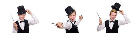 Magician with magic stick isolated on white