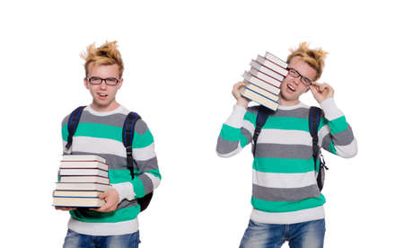 Funny student with stack of booksの写真素材