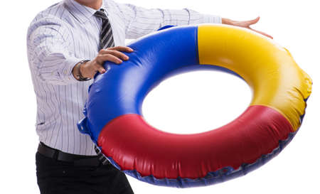 Young businessman with life buoy isolated on white background