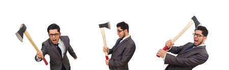 Young businessman holding a tool isolated on white