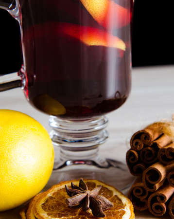 The mulled wine glintwine served in glasses for christmas table