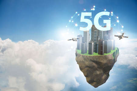 The concept of 5g technology with floating island