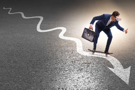 Businessman with VR glasses on arrow lineの写真素材