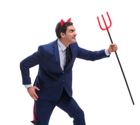 Evil devil businessman with pitchfork isolated on white backgroundの写真素材