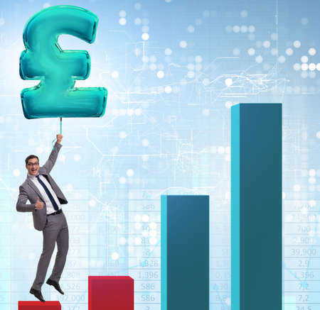The businessman flying on british pound sign inflatable balloonの写真素材