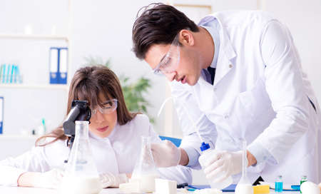 Two lab doctor testing food productsの写真素材
