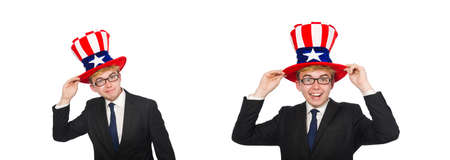 Businessman with american hat isolated on whiteの写真素材