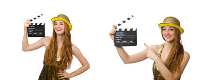 Woman with movie clapboard isolated on white