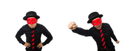 Young man with red mask isolated on whiteの写真素材