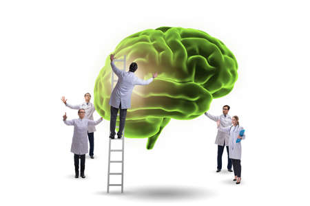 Team of doctors examining human brain