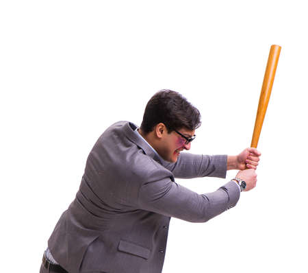 Businessman with baseball bat isolated on whiteの写真素材