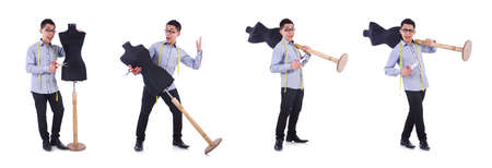 Funny male tailor on whiteの写真素材