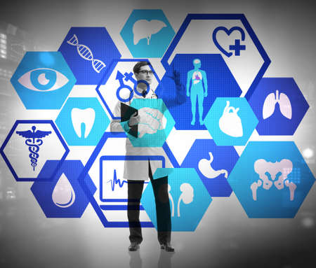 Telemedicine concept with doctor pressing virtual buttons