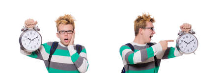 Student missing his deadlines isolated on whiteの写真素材