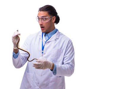 Young male zoologist with snake isolated on white