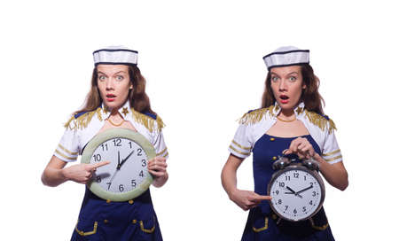 Sailor with clock isolated on whiteの写真素材