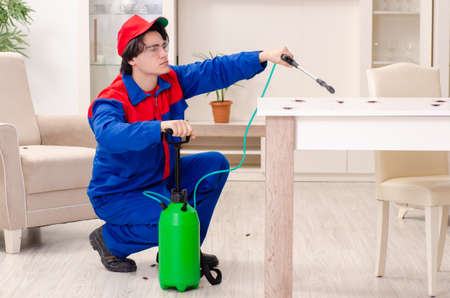 Young contractor doing pest control at homeの写真素材