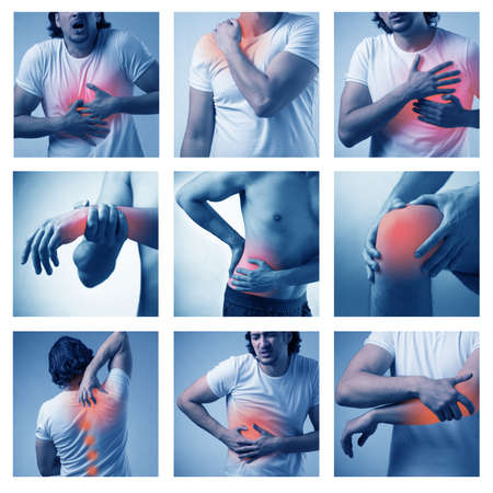 Collage of man suffering from acute painの写真素材