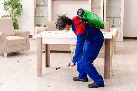 Young contractor doing pest control at homeの写真素材
