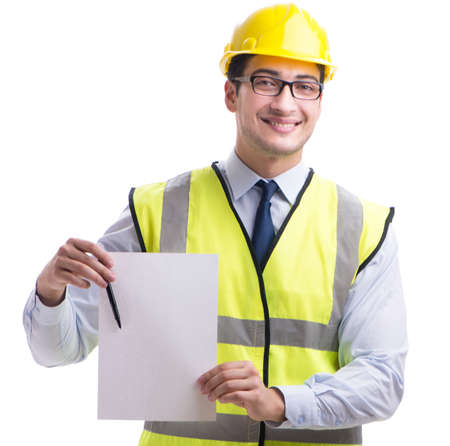 Construction supervisor with blank sheet isolated on white backg