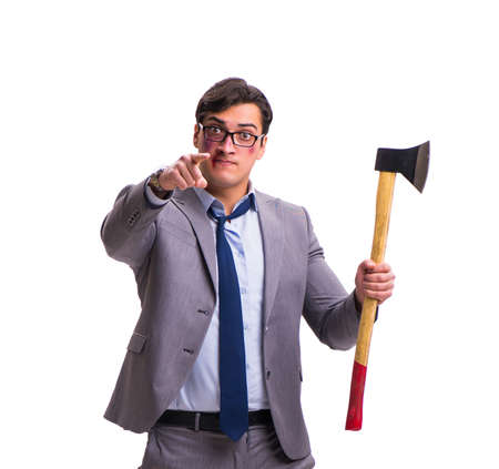Angry businessman with axe isolated on whiteの写真素材