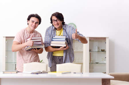 Two male students preparing for exams at homeの写真素材