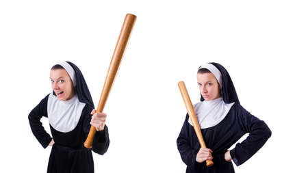 Nun with baseball bat on whiteの写真素材